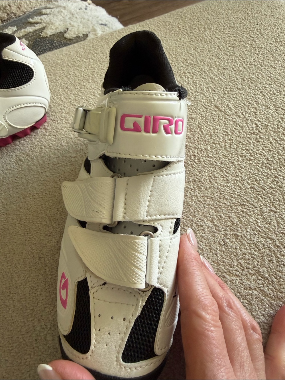 Giro Woman’s White, Black, and Pink Cycling Shoes with Triple Velcro Straps